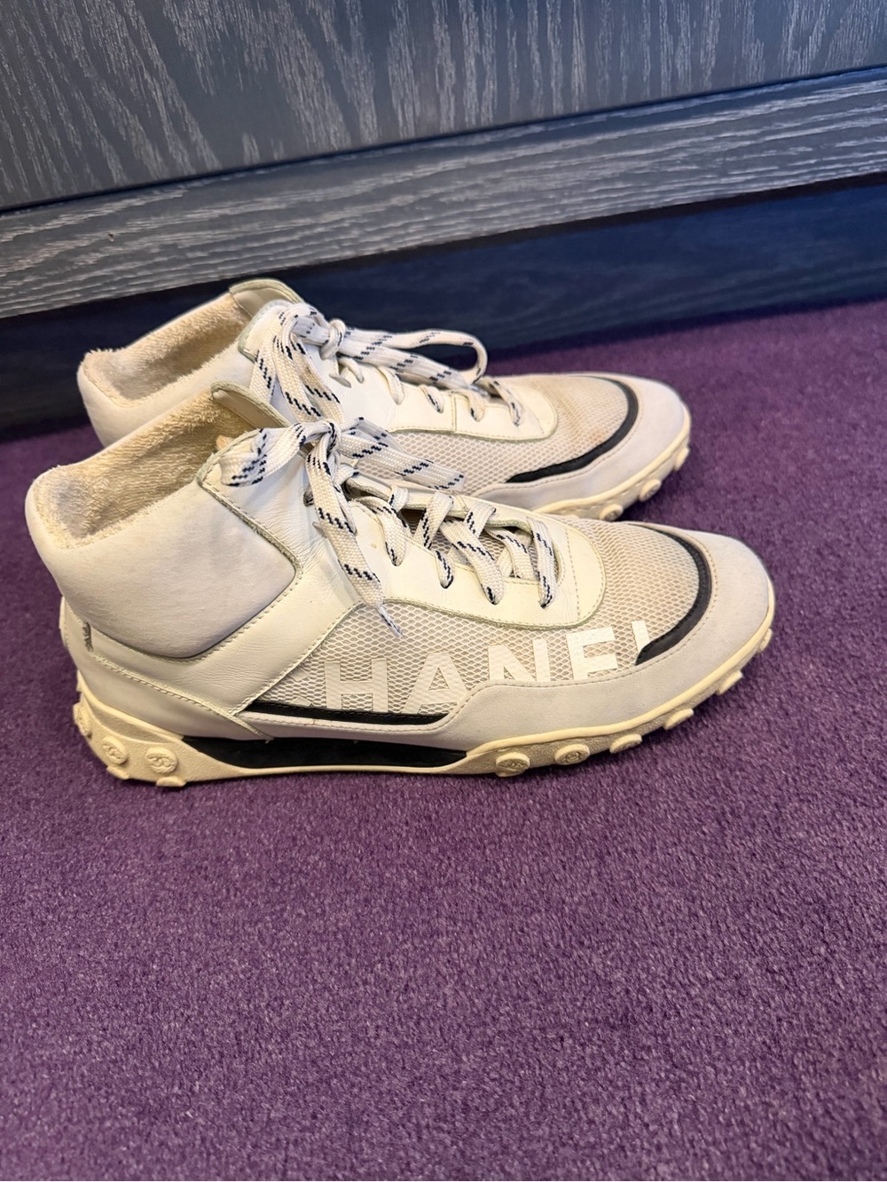 CHANEL White and Black Logo High-Top Sneakers